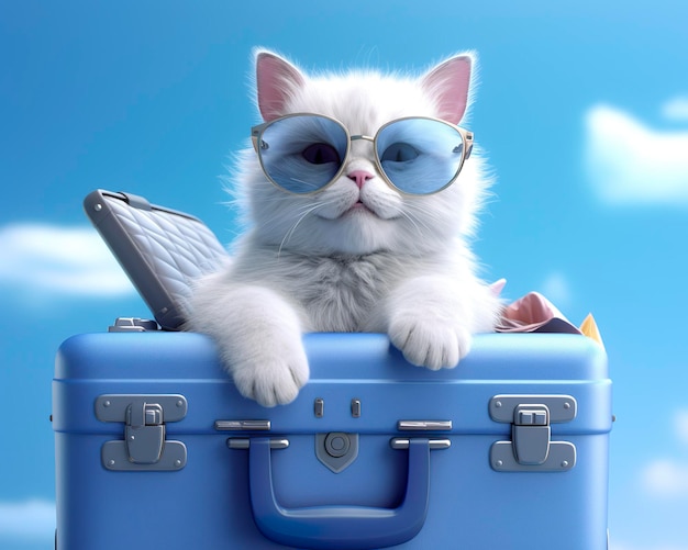Cute cat on blue suitcase with sunglasses AI Generative
