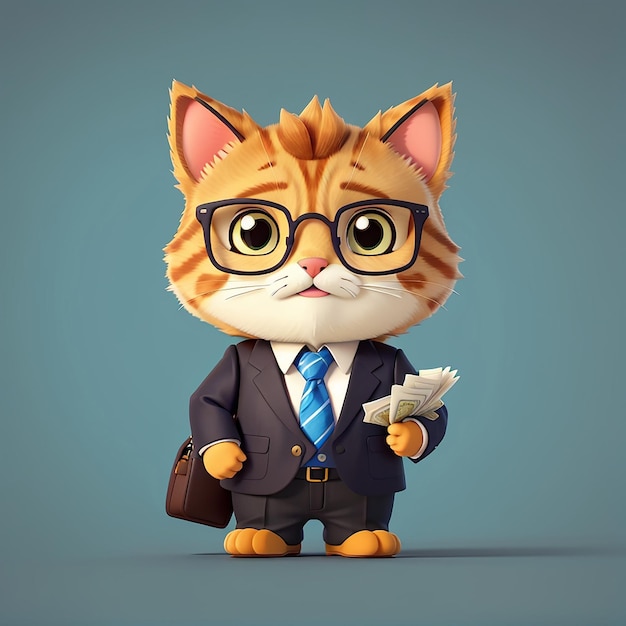Милый кошачий бизнесмен с деньгами Карикатурная векторная икона Иллюстрация Животная бизнес-икона Концепция Изолированный премиум-векторный плоский мультфильмный стиль