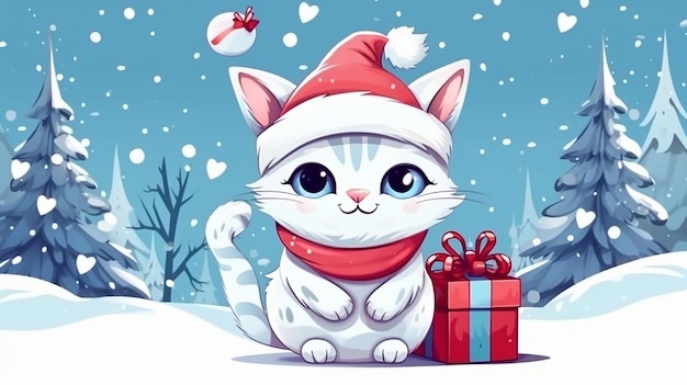 Cute cat cartoon character with merry christmas and snow Generative AI