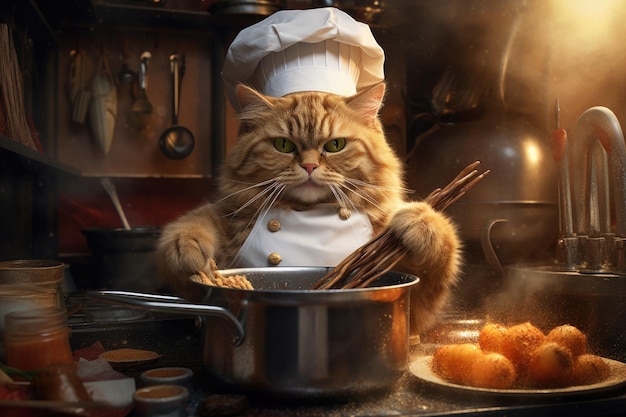 요리사 모자를 쓴 귀여운 고양이가 요리를 하고 있어요