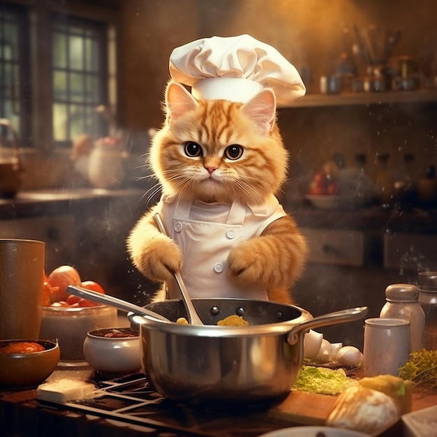 Foto simpatico chef di gatti in cucina con intelligenza artificiale generativa