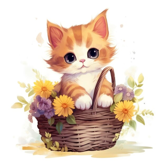 Photo cute cat chibi character siting on basket with flower draw