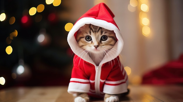 Симпатичный кот в рождественском костюме создал рождественскую фоновую иллюстрацию на белом фоне
