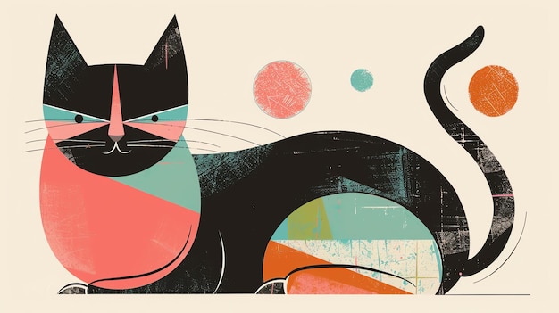 다채롭고 추상적인 스타일의 귀여운 고양이 고양이는 분홍색 코와 파란 눈으로 검은색이며 편안한 자세로 앉아 있습니다.