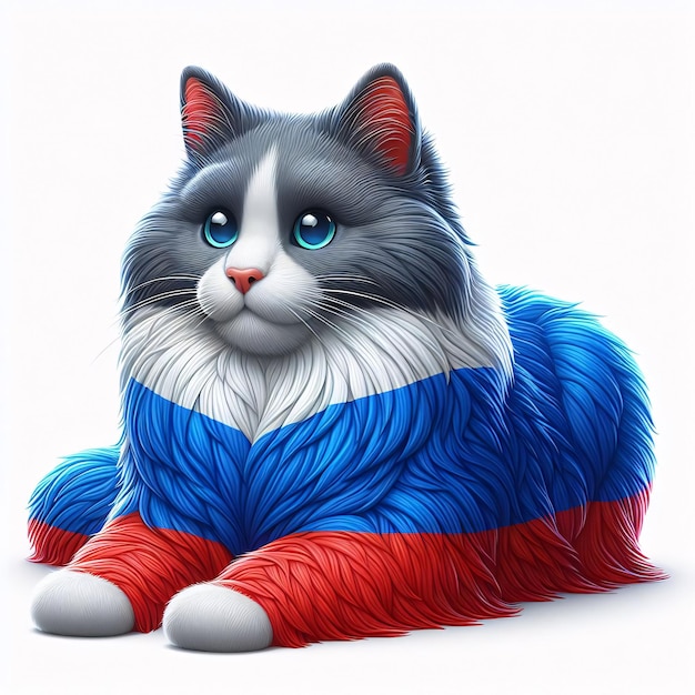 Cute cat in the colors of the Russian flag on a white background