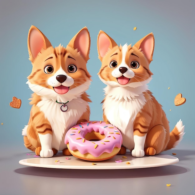 Cute Cat and Corgi Dog Eating Donut Together Cartoon Illustration