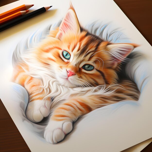 Cute cat curled up drawing with colored pencils