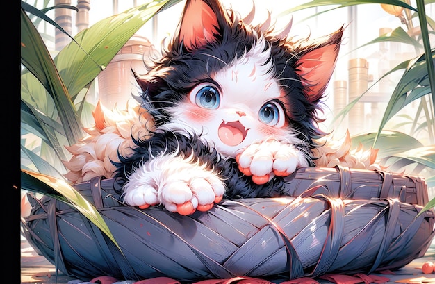 かわいい猫 かわいい小さな猫 かわいらしい子猫が花畑に座っているアニメ かわいい子猫 キティ・C