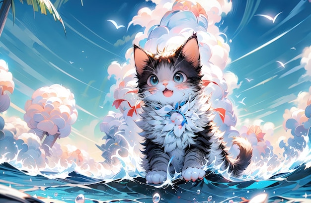 Photo cute cat cute little cats cute kitten sitting in flower field anime cat cute anime cat kitty c