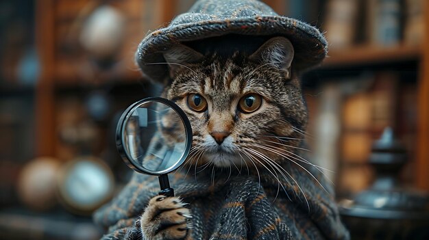 Foto un gatto carino in un costume da detective con una lente d'ingrandimento vestito da sherlock holmes