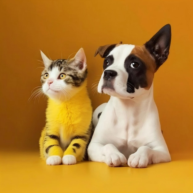 Cute cat and dog are seen together on a yellow background providing ample space for copy Generative Ai