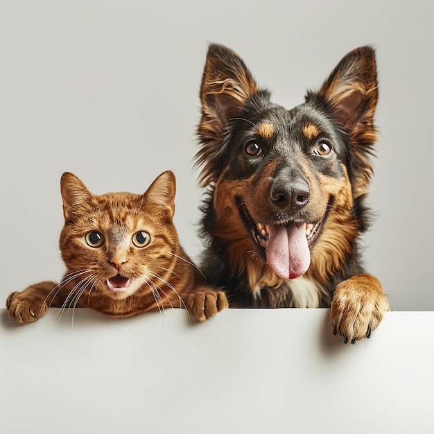 Photo cute cat and dog holding white lboaord on white background
