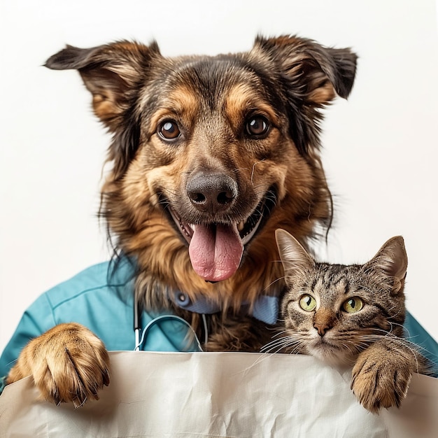 cute cat and dog holding white lboaord on white background