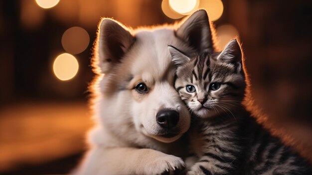 Cute cat and dog hugging blurred background Generative Ai