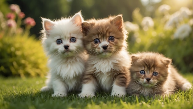 芝生のある芝生の上で可愛い猫と犬