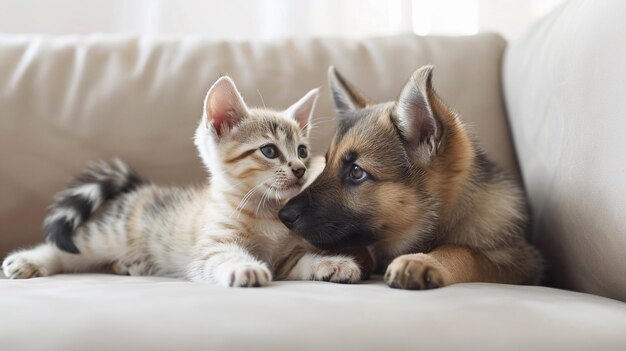 Cute cat and dog lying together on sofa at home Pet love