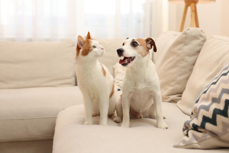 Photo 家のソファで可愛い猫と犬 可愛いペット