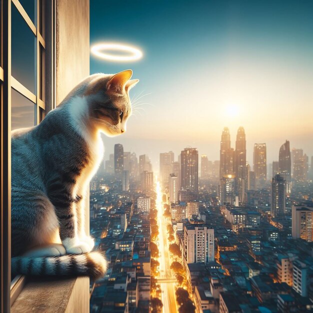 Photo cute cat dream with big city in the high