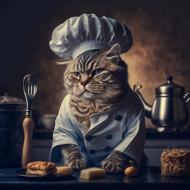 cute cat dressed as a chef with kitchen background.