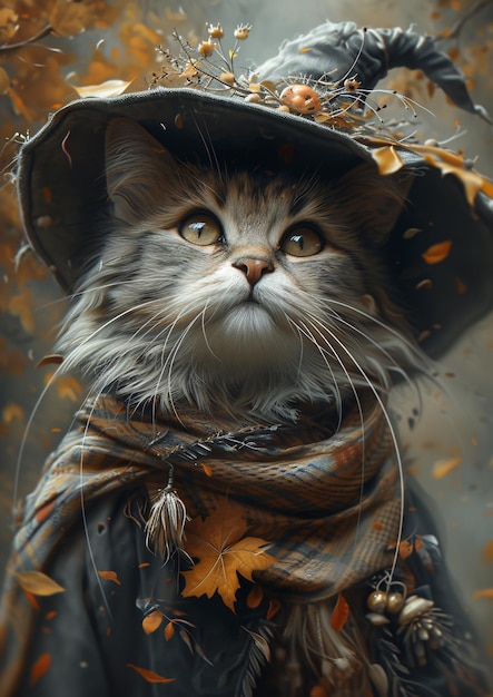 Cute cat dressed as a wizard and magician with hat and lots of details