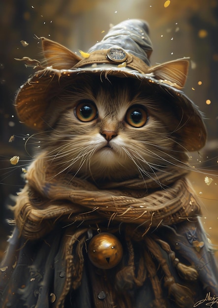 마법사와 마법사로 옷을 입은 귀여운 고양이 모자와 많은 세부 사항