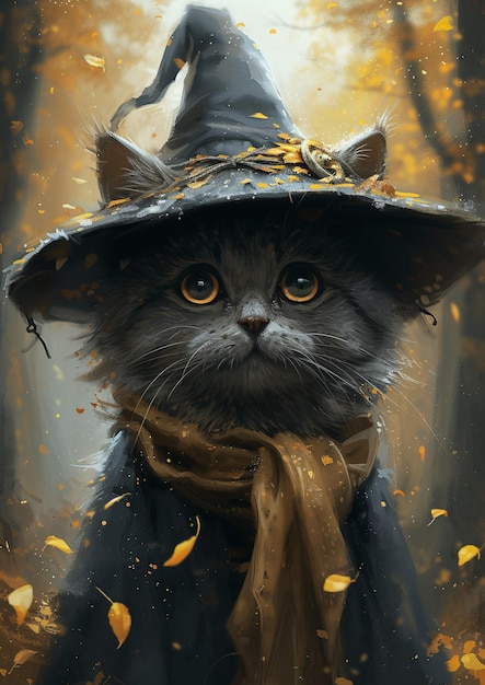 Cute cat dressed as a wizard and magician with hat and lots of details