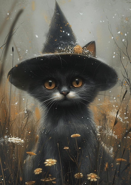 帽子と多くの詳細を持つ魔法使いと魔法使いの服を着た可愛い猫
