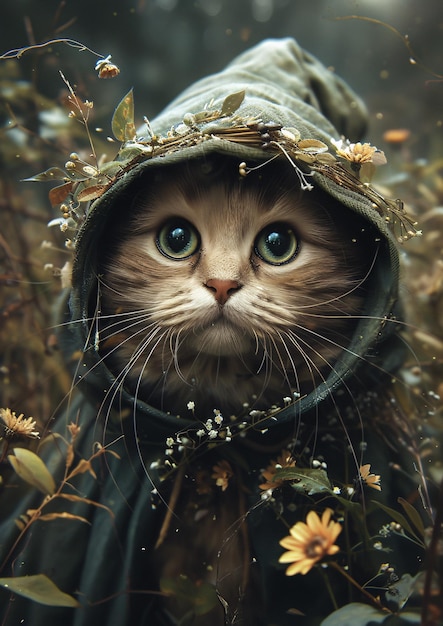 Cute cat dressed as a wizard and magician with hat and lots of details