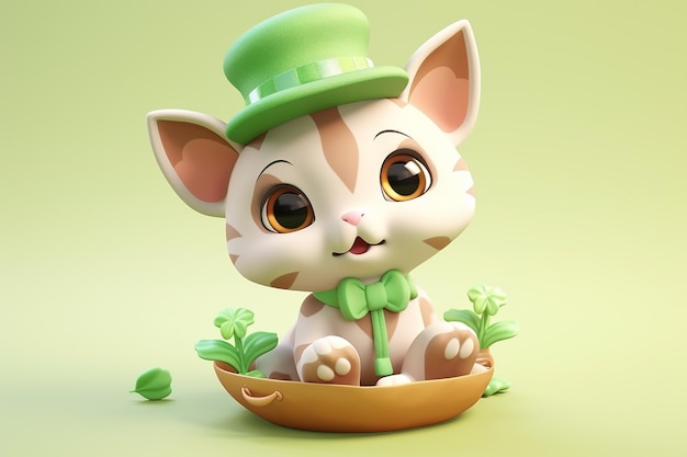 A cute cat dressed in green and holding a shamrock soft pastel colors 3d icon clay render