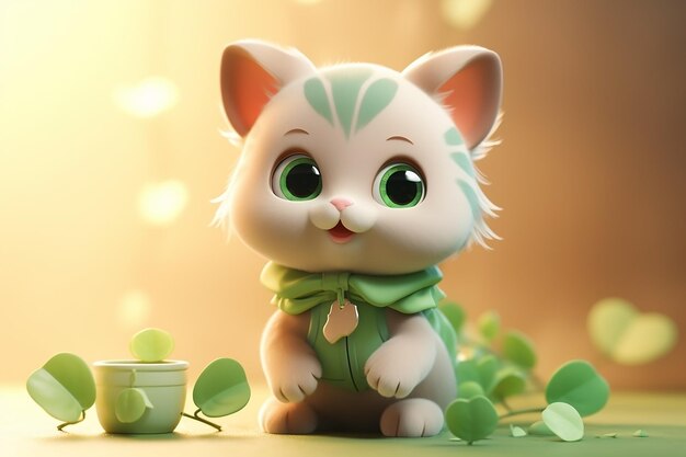 초록색 옷을 입은 귀여운 고양이가 3D 아이콘 클레이 렌더링으로 부드러운 파스텔 색을 들고 있습니다.