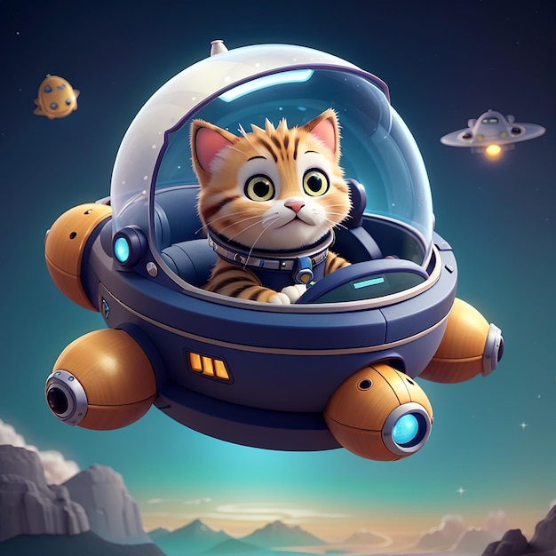 Милая кошка, управляющая космическим кораблем, НЛО, мультфильм, векторная икона, иллюстрация, животная технология, икона, концепция, изолированный премиум-вектор, плоский мультфільм.