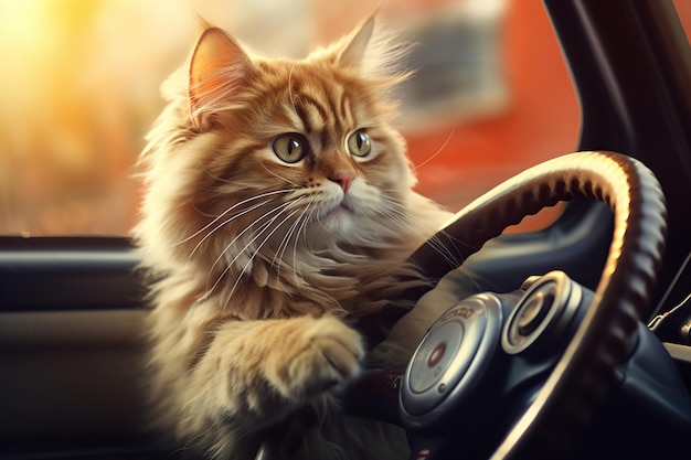 Милый кот за рулем автомобиля Генеративный ИИ