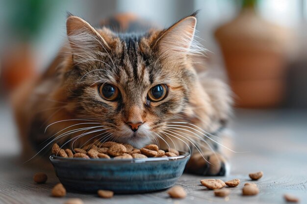 Foto gatto carino che mangia da una ciotola sul pavimento contro lo sfondo generativo ai