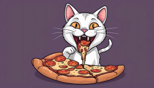 Foto un gatto carino che mangia una fetta di pizza generato da un cartone animato