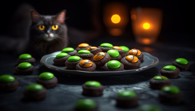 Foto un gatto carino si gode un dessert al cioccolato fatto in casa sul tavolo generato dall'ai