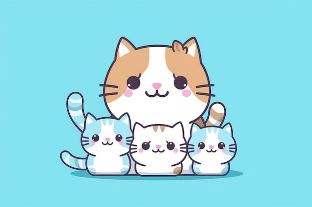 Cute cat family on blue background flat design Generative Ai