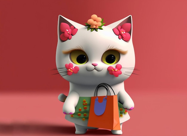 Photo cute cat flower hair holding in his hand shopping bag