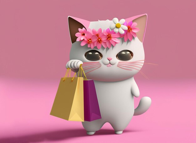 Cute cat flower hair holding in his hand shopping bag