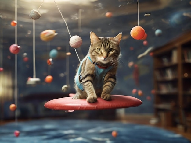 Cute cat flying in the sky with balloons and rope