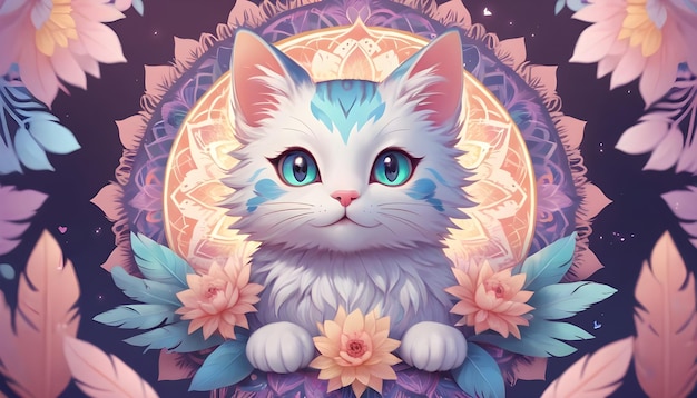 Photo cute cat in front of a colorful mandala background