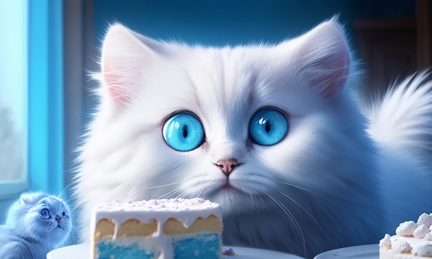 cute cat fury hair cake party digital art illustration cat cake Ai