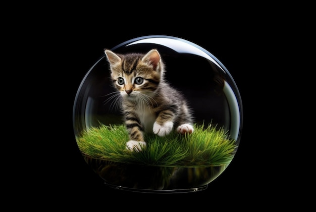Cute cat in a glass ball isolated on black background