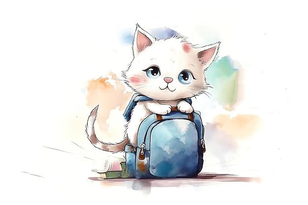 Cute cat going Back to school illustration Post processed AI generated image