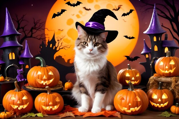 Cute cat in Halloween costume with pumpkins and bats on autumn background