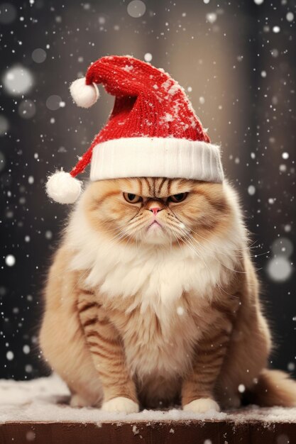 Cute cat in a hat on a Christmas background