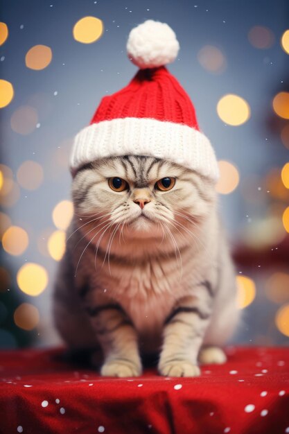 クリスマスの背景に帽子をかぶったかわいい猫
