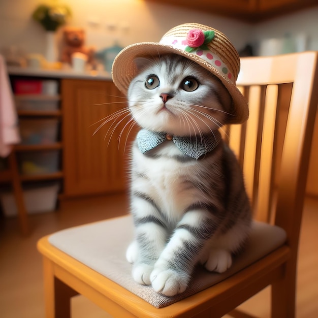 Photo a cute cat in a hat is sitting on a chair ai generate