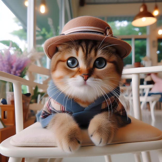 Photo a cute cat in a hat is sitting on a chair ai generate