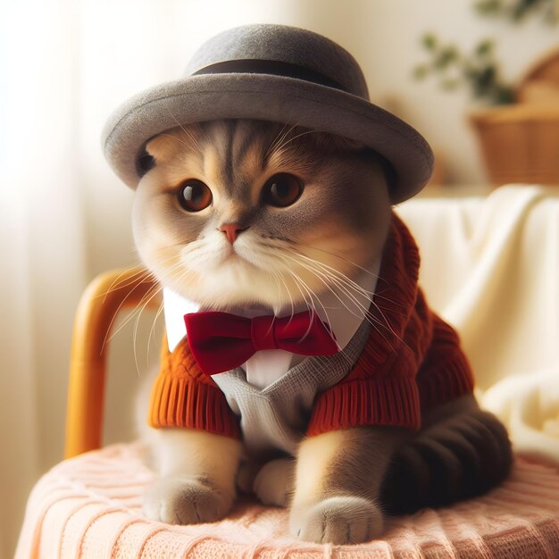 A cute cat in a hat is sitting on a chair ai generate