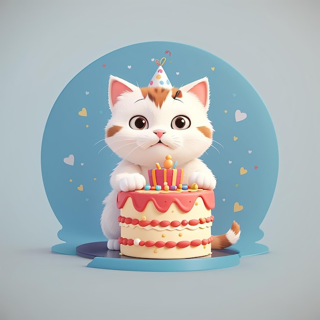 Photo cute cat holding birthday cake cartoon vector icon illustration animal food icon concept isolated